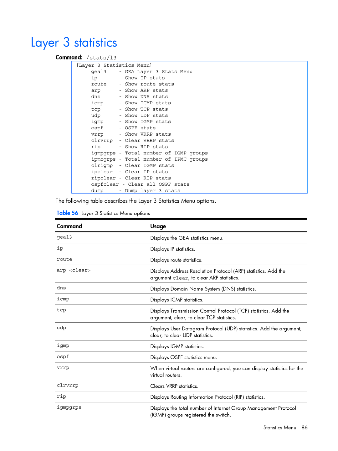 HP BMD00022 manual Layer 3 statistics, Command /stats/l3, Arp clear, Igmpgrps 