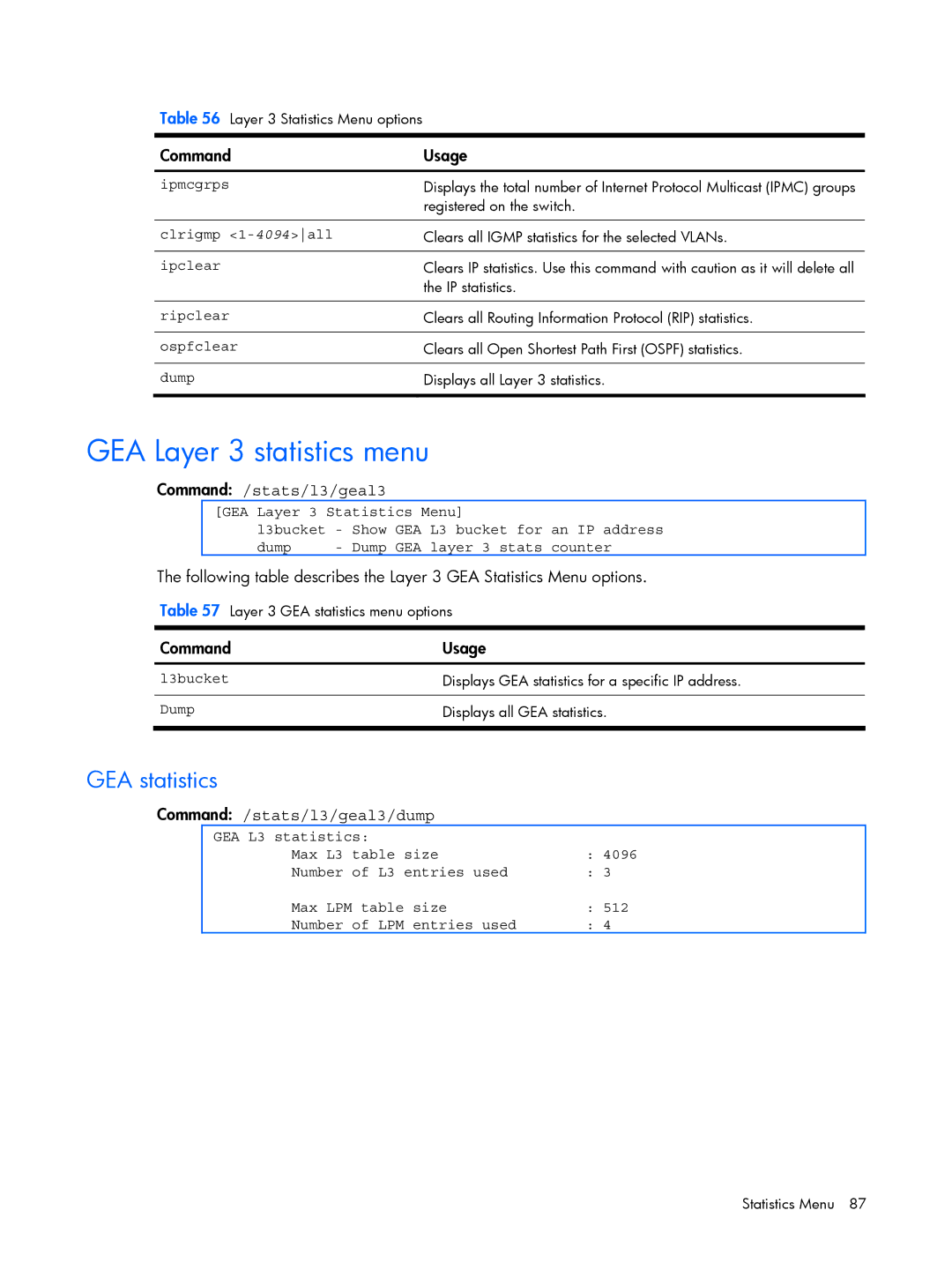 HP BMD00022 manual GEA Layer 3 statistics menu, GEA statistics, Command /stats/l3/geal3/dump 