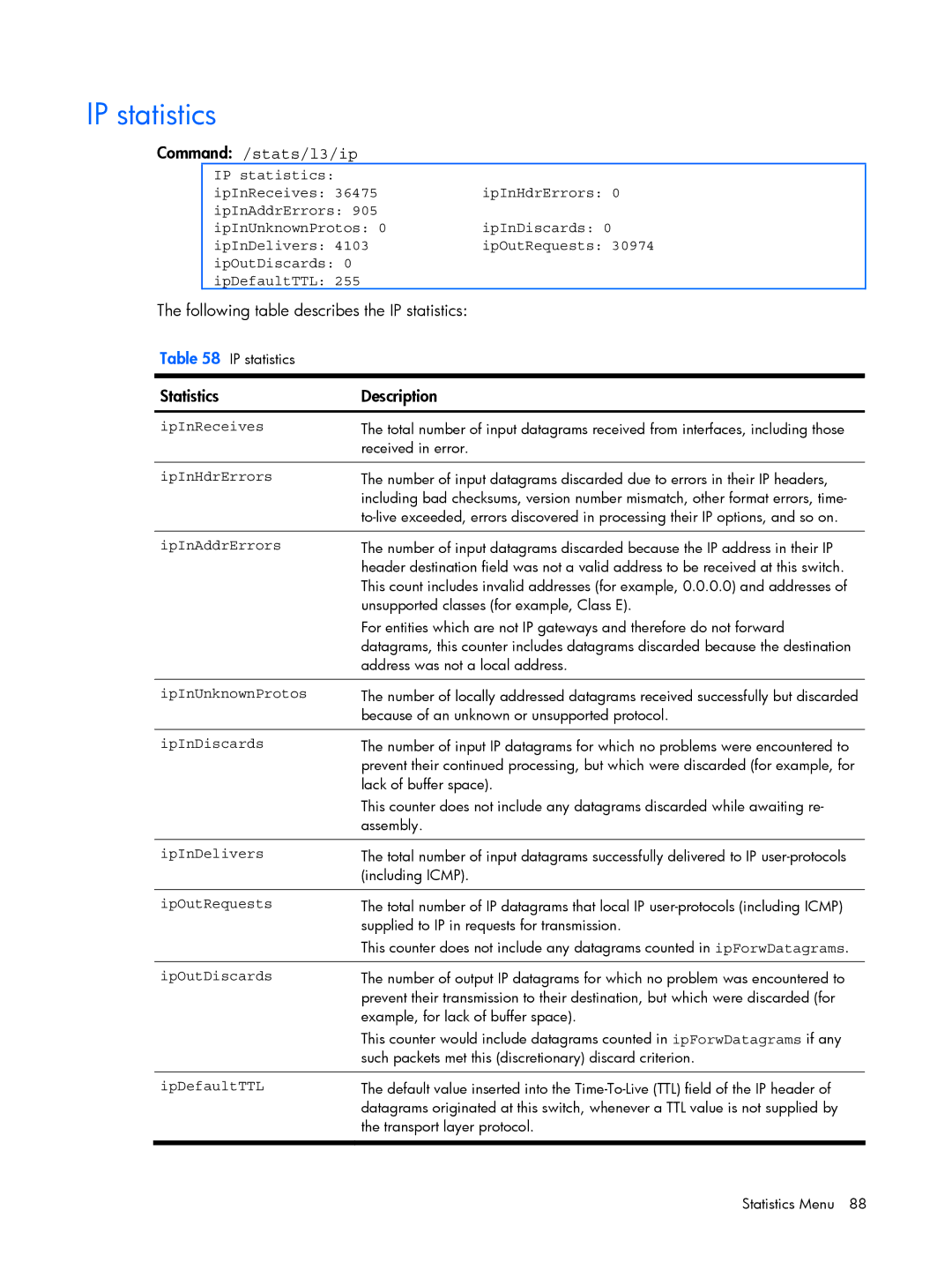 HP BMD00022 manual Command /stats/l3/ip, Following table describes the IP statistics 