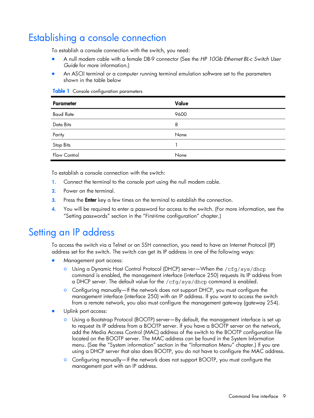 HP BMD00022 manual Establishing a console connection, Setting an IP address, Parameter Value 