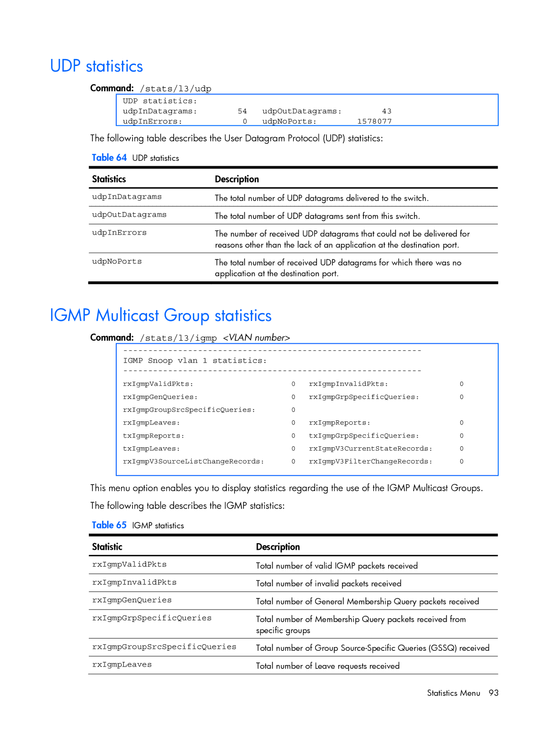 HP BMD00022 UDP statistics, Igmp Multicast Group statistics, Command /stats/l3/udp, Command /stats/l3/igmp Vlan number 