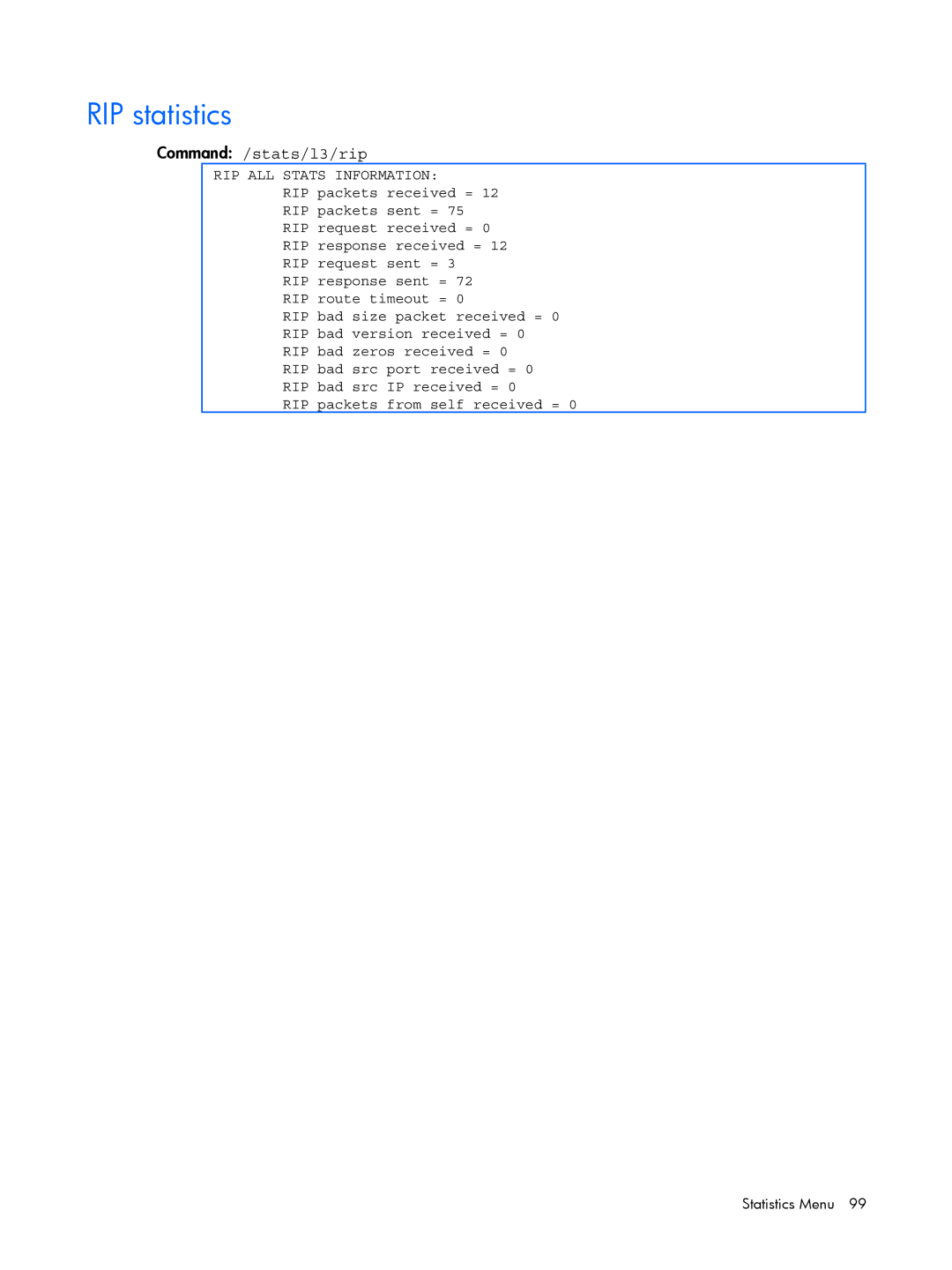 HP BMD00022 manual RIP statistics, Command /stats/l3/rip 