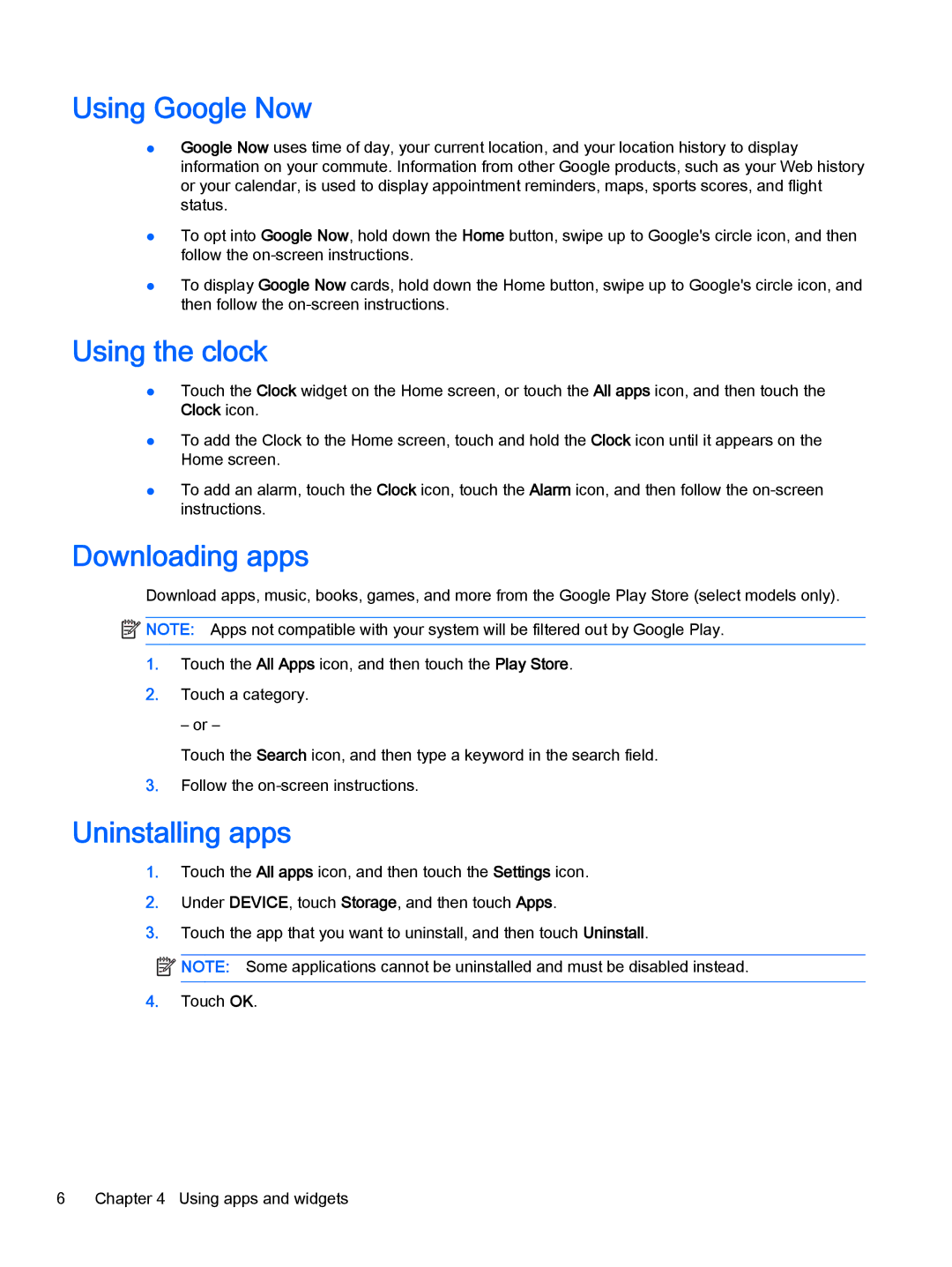 HP Book 14-p010nr, Book 14-p091nr, Book 14-p001xx Using Google Now, Using the clock, Downloading apps, Uninstalling apps 