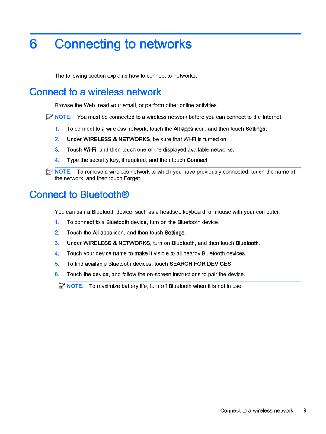 HP Book 14-p010nr, Book 14-p091nr manual Connecting to networks, Connect to a wireless network, Connect to Bluetooth 