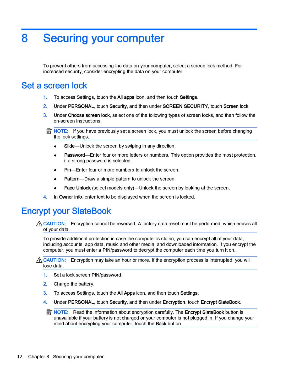 HP Book 14-p010nr, Book 14-p091nr, Book 14-p001xx manual Securing your computer, Set a screen lock, Encrypt your SlateBook 