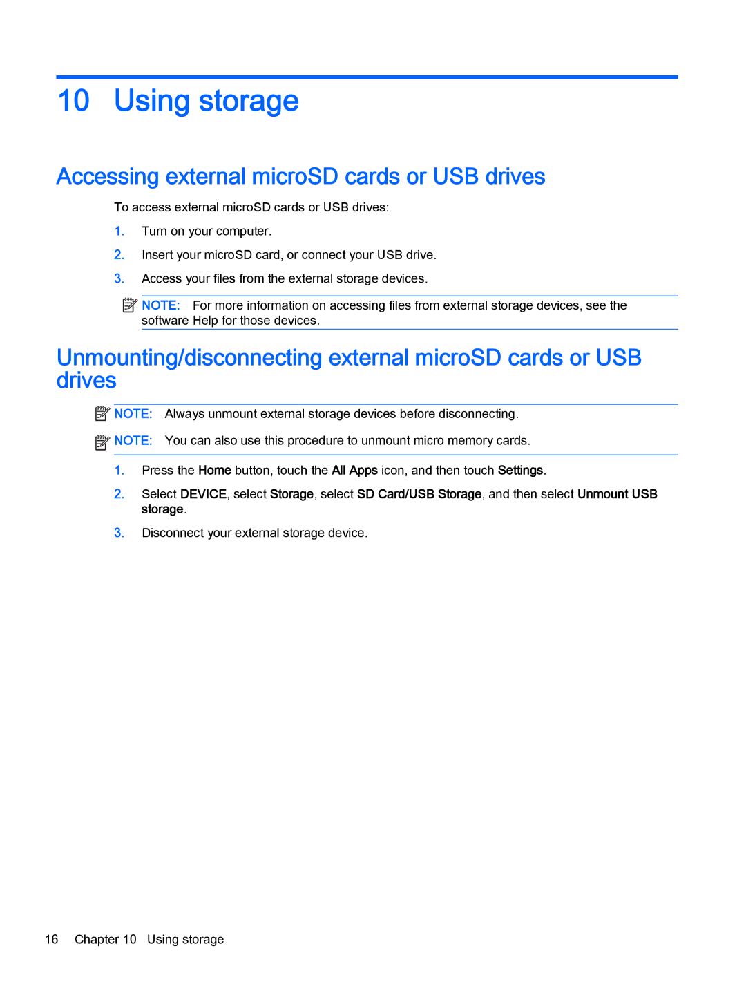 HP Book 14-p001xx, Book 14-p091nr, Book 14-p010nr manual Using storage, Accessing external microSD cards or USB drives 