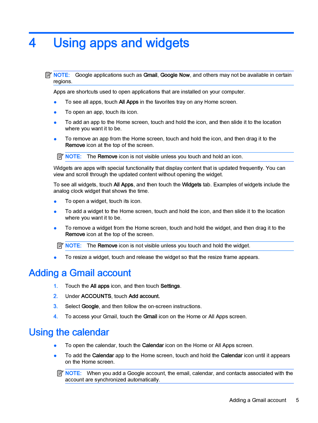 HP Book 14-p091nr Using apps and widgets, Adding a Gmail account, Using the calendar, Under ACCOUNTS, touch Add account 