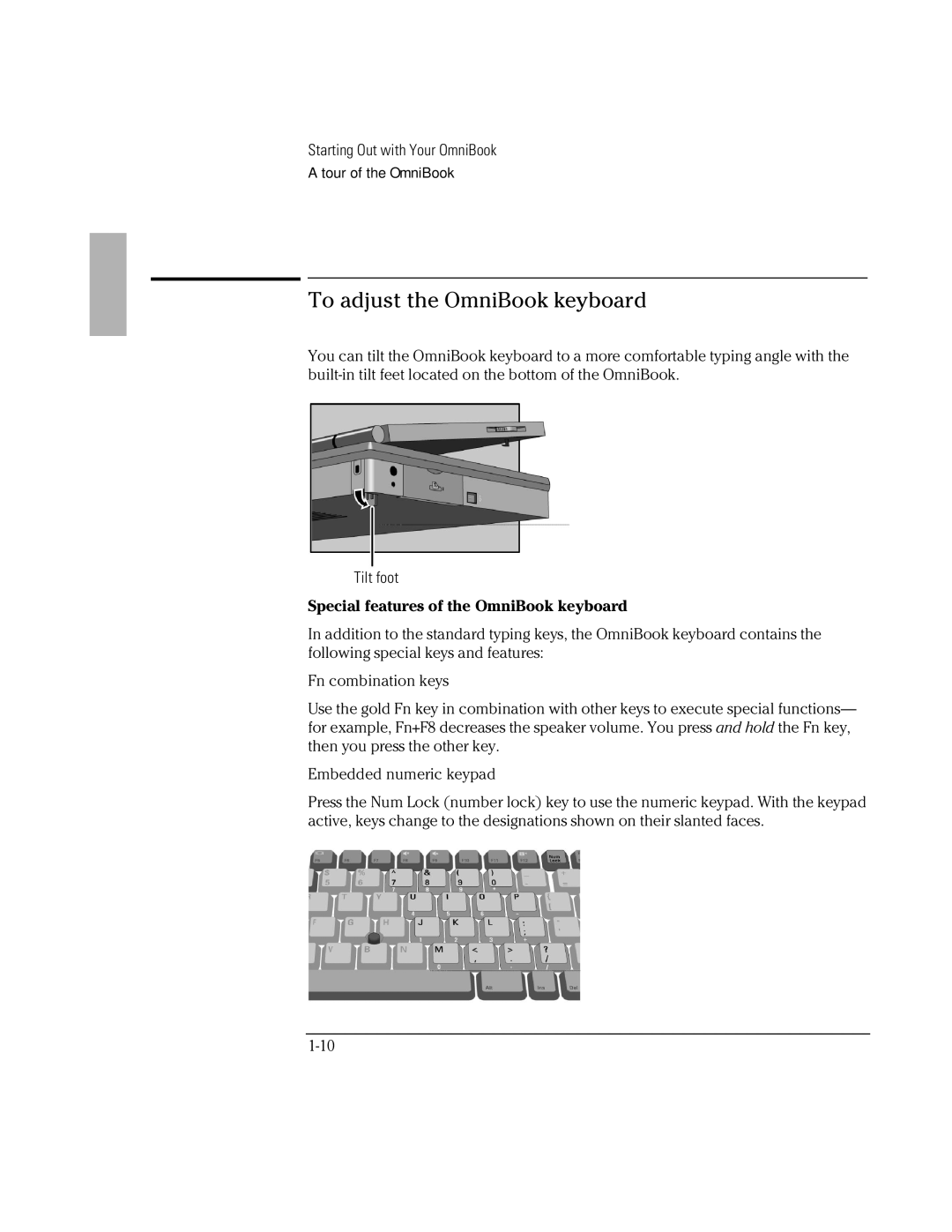 HP Book 2000/5700 manual To adjust the OmniBook keyboard, Special features of the OmniBook keyboard 