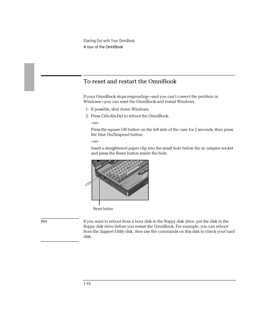 HP Book 2000/5700 manual To reset and restart the OmniBook, Reset button 