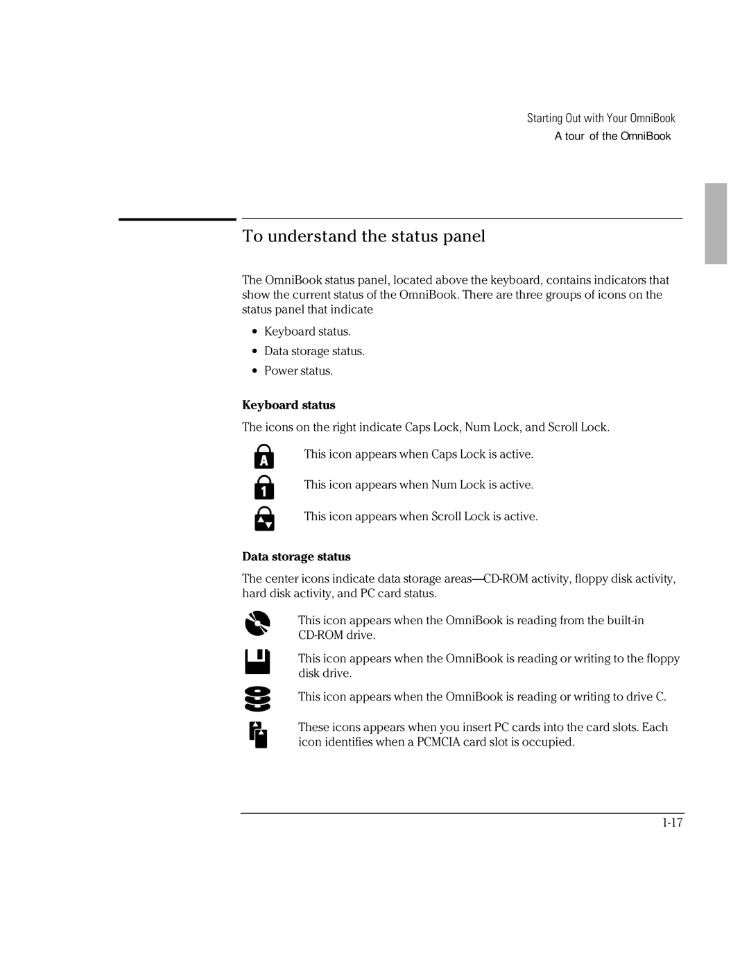 HP Book 2000/5700 manual To understand the status panel, Keyboard status, Data storage status 