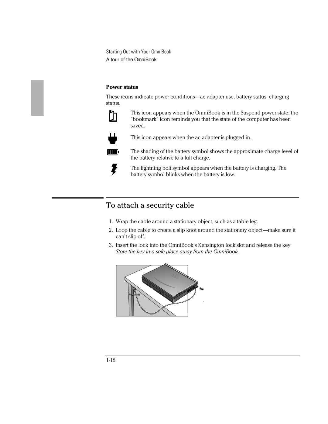 HP Book 2000/5700 manual To attach a security cable, Power status 