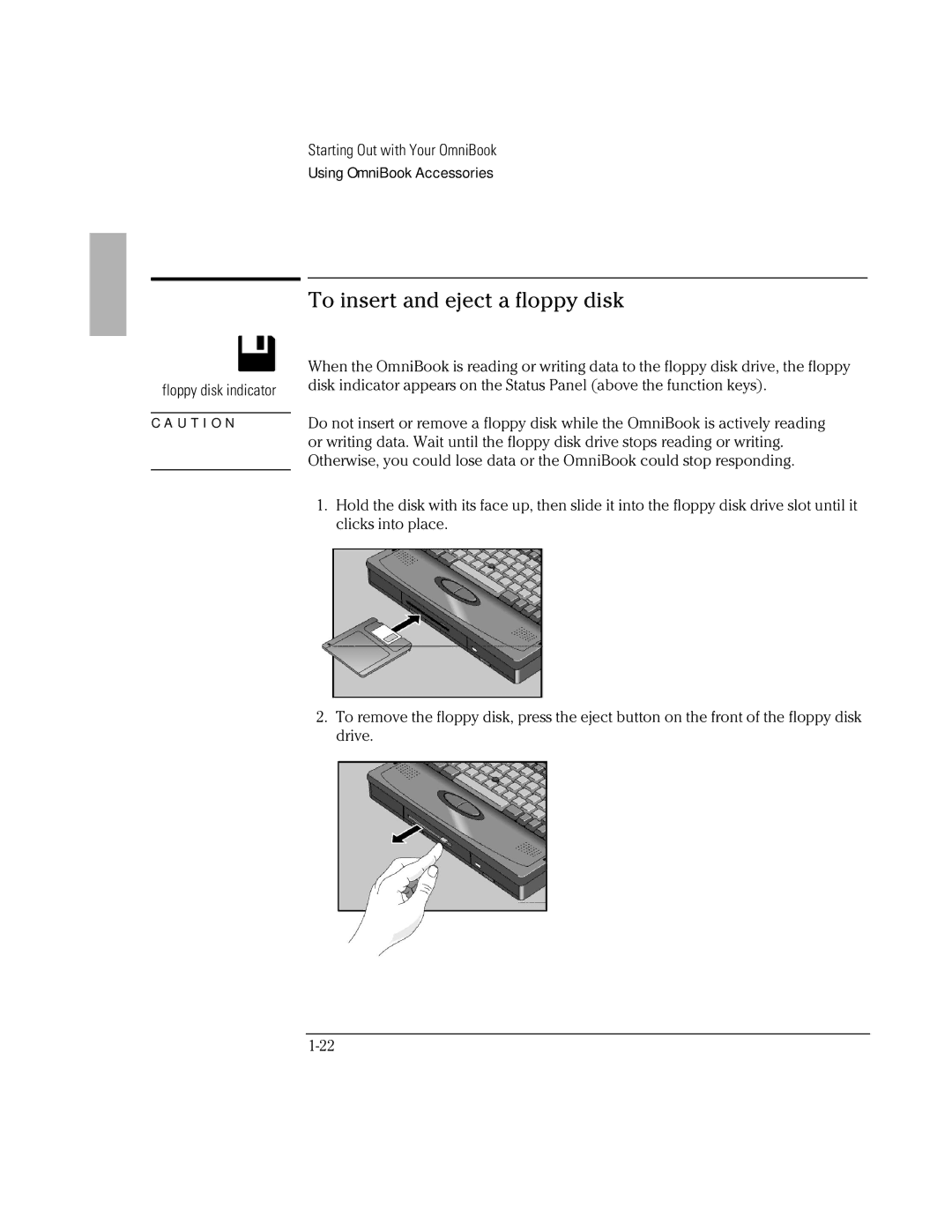 HP Book 2000/5700 manual To insert and eject a floppy disk 