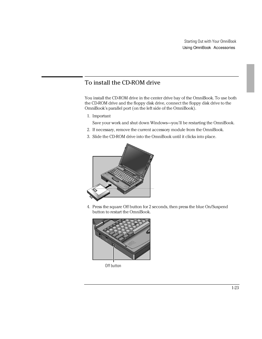 HP Book 2000/5700 manual To install the CD-ROM drive 