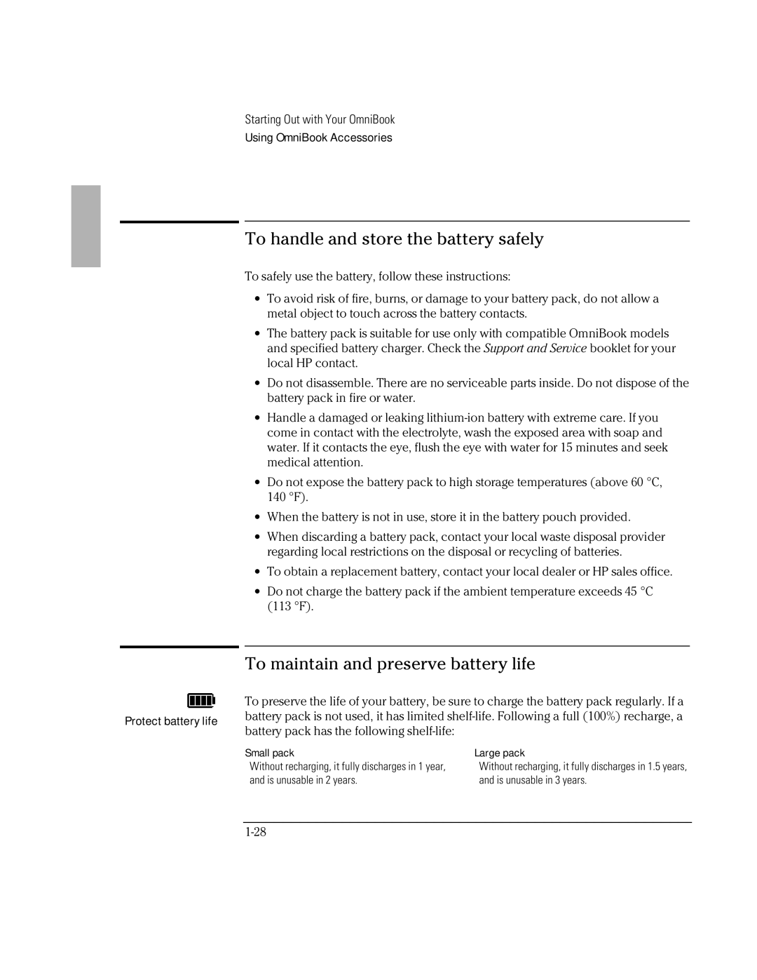 HP Book 2000/5700 manual To handle and store the battery safely, To maintain and preserve battery life 