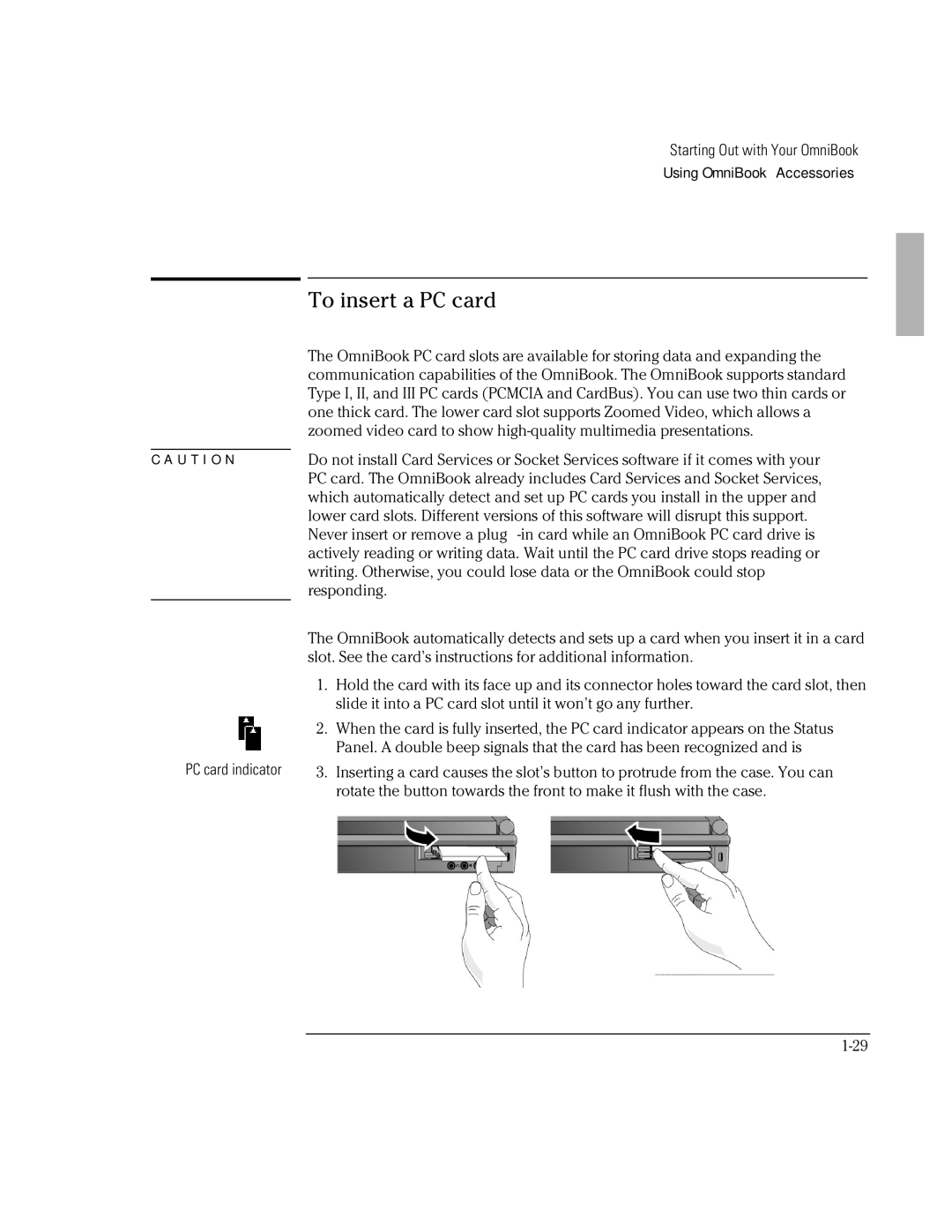 HP Book 2000/5700 manual To insert a PC card 