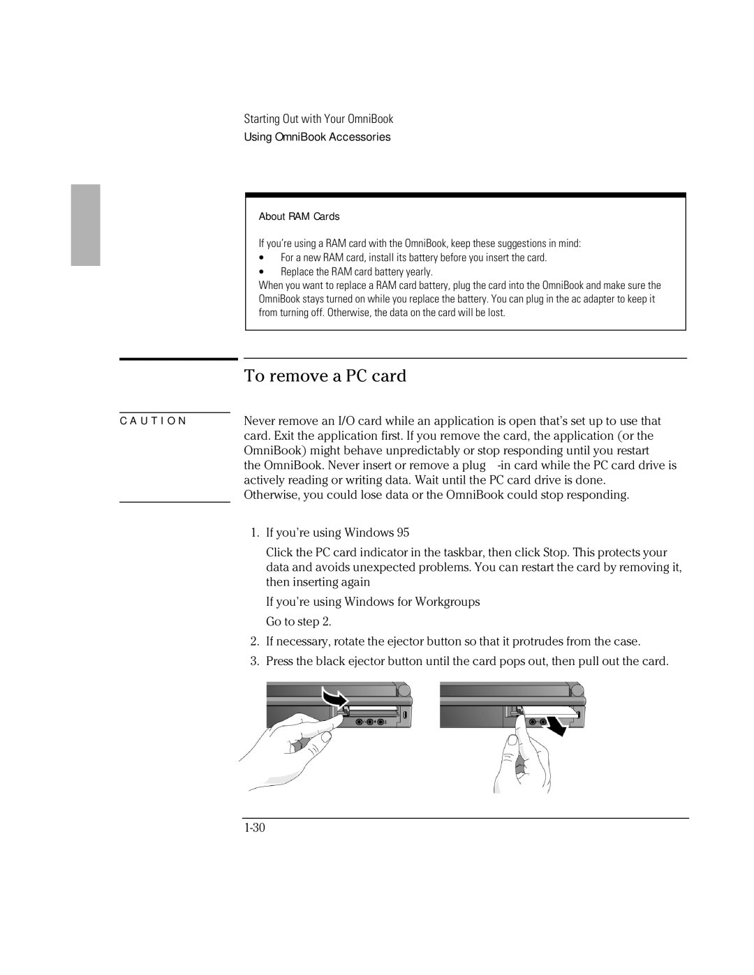 HP Book 2000/5700 manual To remove a PC card 