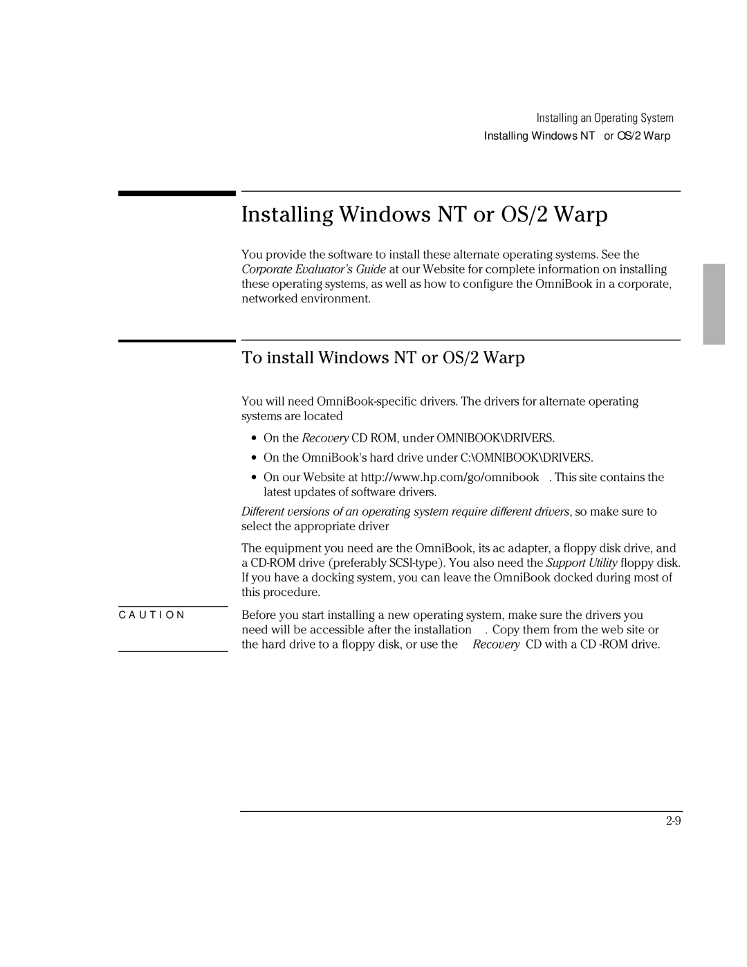 HP Book 2000/5700 manual Installing Windows NT or OS/2 Warp, To install Windows NT or OS/2 Warp 