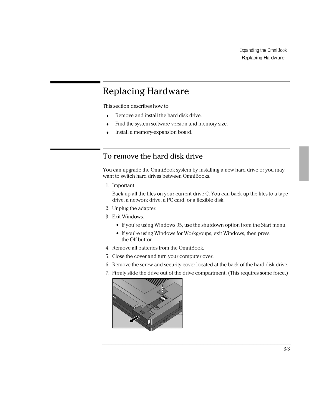 HP Book 2000/5700 manual Replacing Hardware, To remove the hard disk drive 