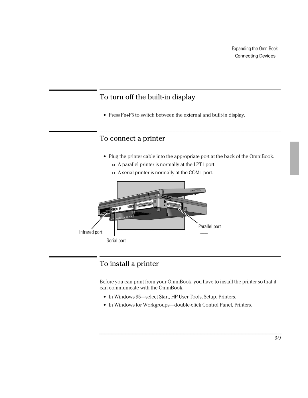 HP Book 2000/5700 manual To turn off the built-in display, To connect a printer, To install a printer 