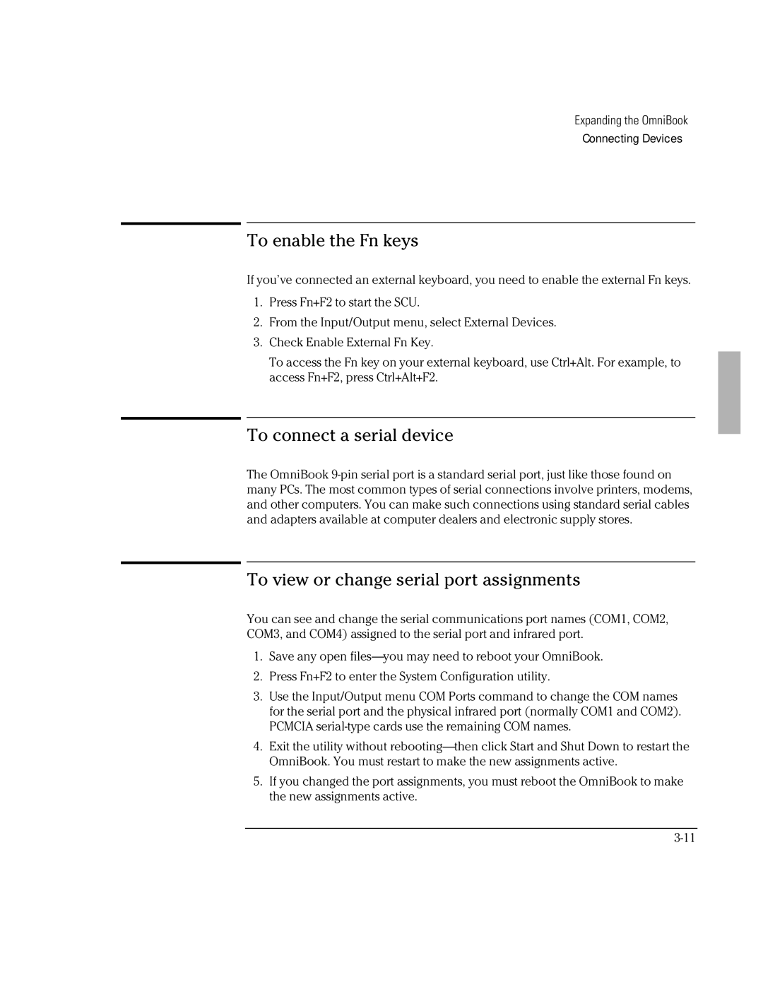 HP Book 2000/5700 manual To enable the Fn keys, To connect a serial device, To view or change serial port assignments 