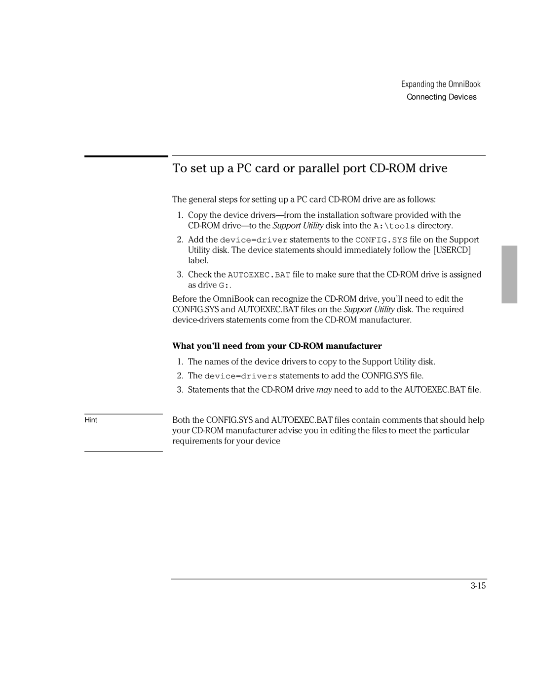 HP Book 2000/5700 manual To set up a PC card or parallel port CD-ROM drive, What you’ll need from your CD-ROM manufacturer 