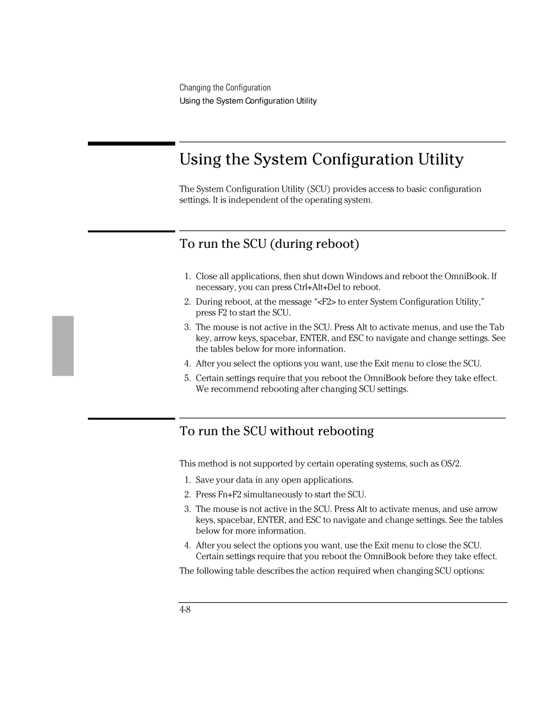 HP Book 2000/5700 Using the System Configuration Utility, To run the SCU during reboot, To run the SCU without rebooting 