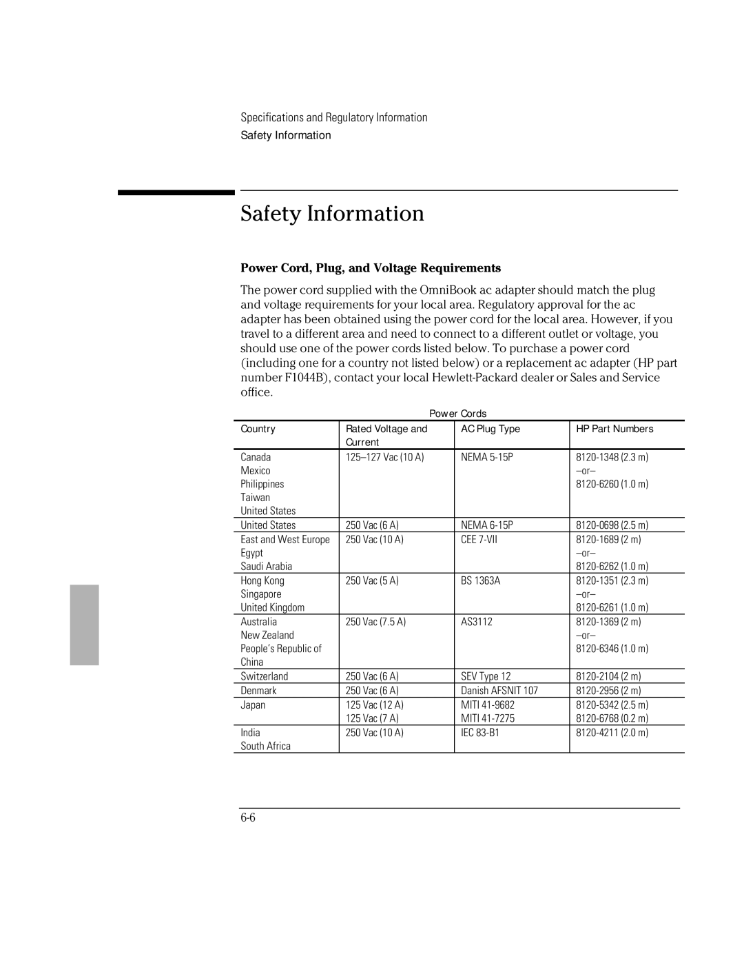 HP Book 2000/5700 manual Safety Information, Power Cord, Plug, and Voltage Requirements 