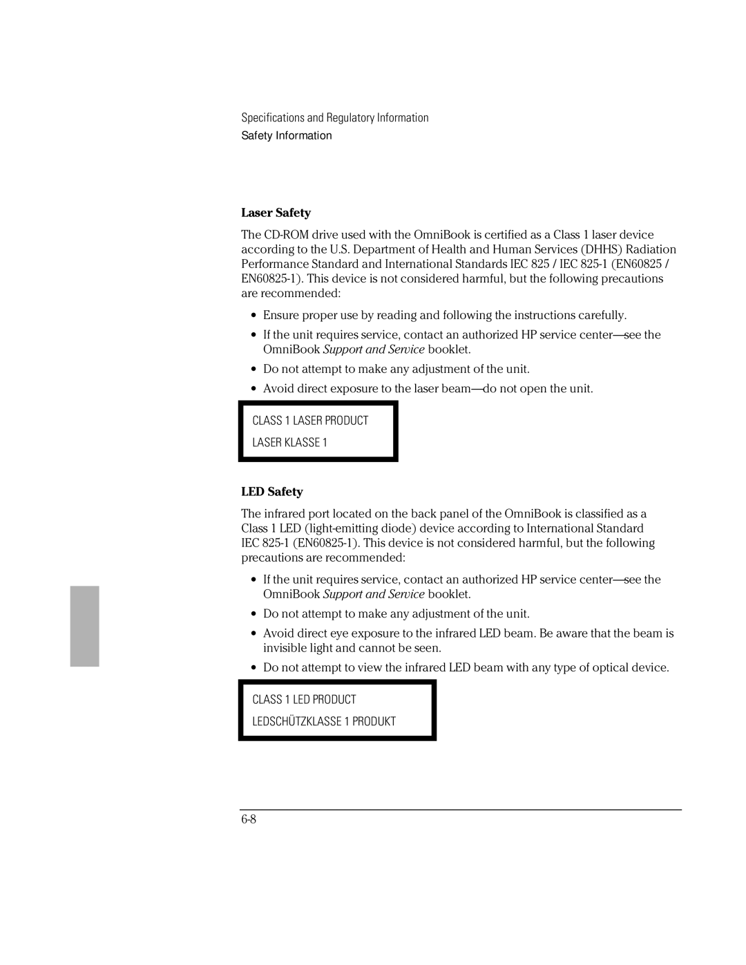 HP Book 2000/5700 manual Laser Safety, LED Safety 