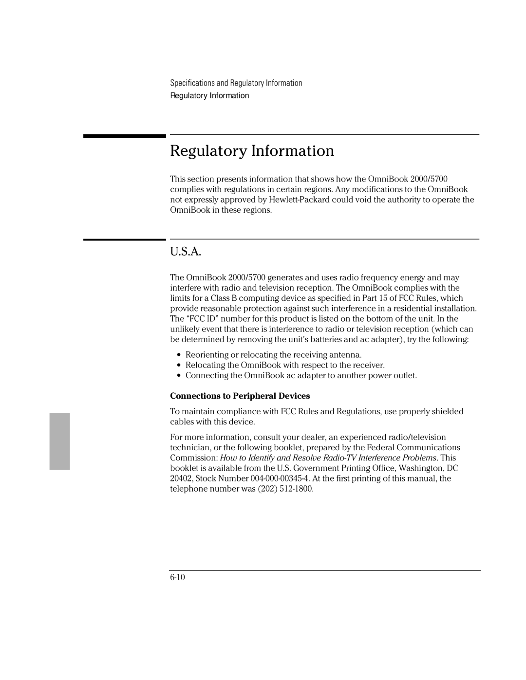 HP Book 2000/5700 manual Regulatory Information, Connections to Peripheral Devices 