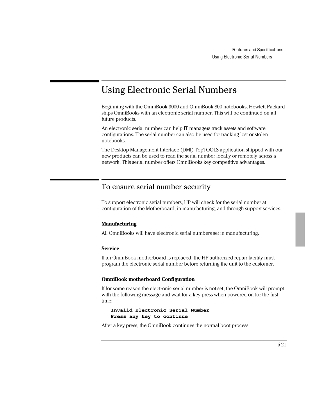 HP BOOK 3000 manual Using Electronic Serial Numbers, To ensure serial number security, Manufacturing, Service 