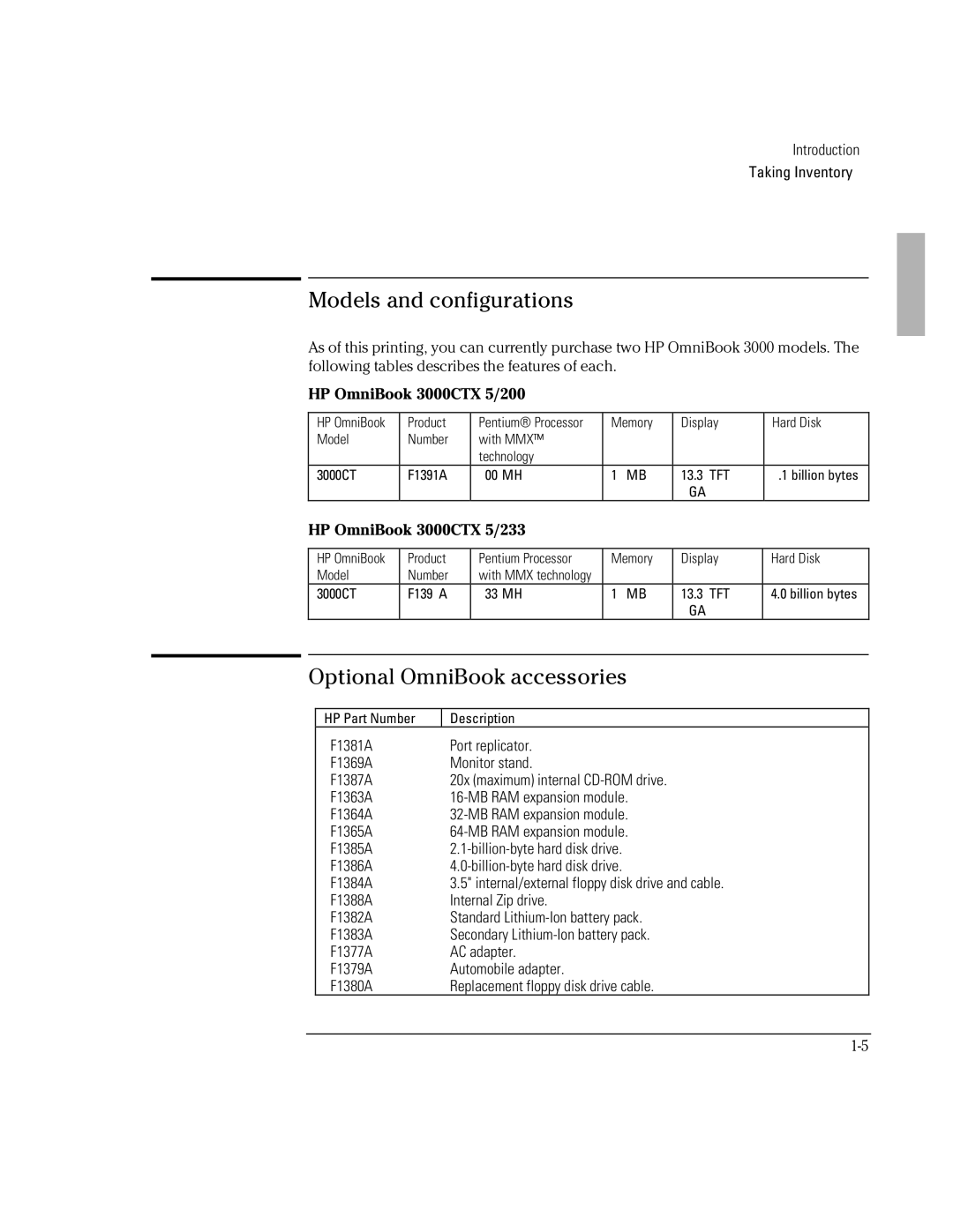 HP BOOK 3000 manual Models and configurations, Optional OmniBook accessories, HP OmniBook 3000CTX 5/200 