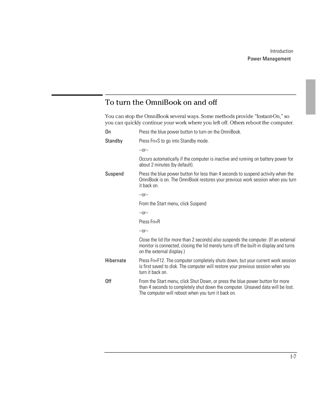 HP BOOK 3000 manual To turn the OmniBook on and off, Suspend 