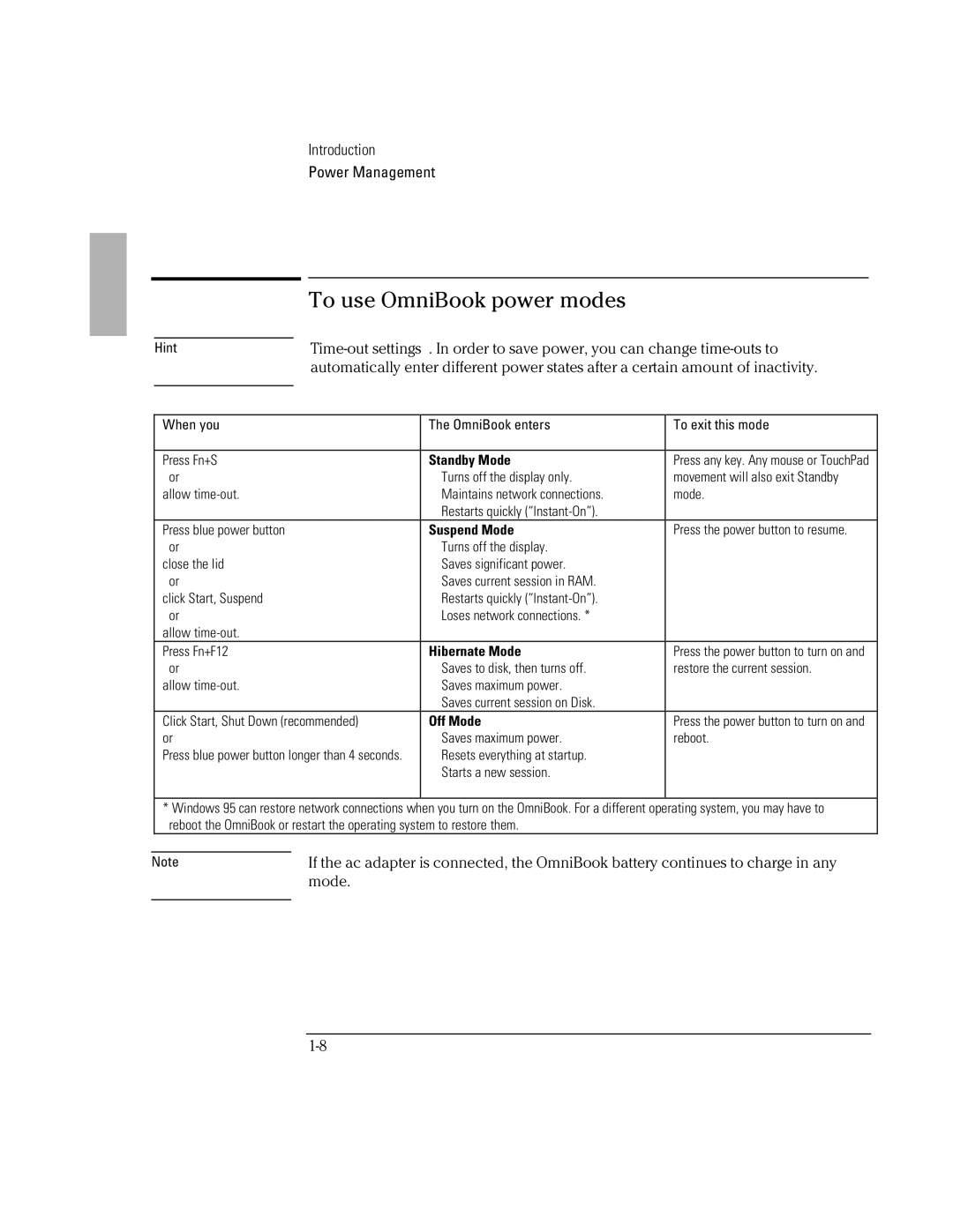 HP BOOK 3000 manual To use OmniBook power modes, Standby Mode 