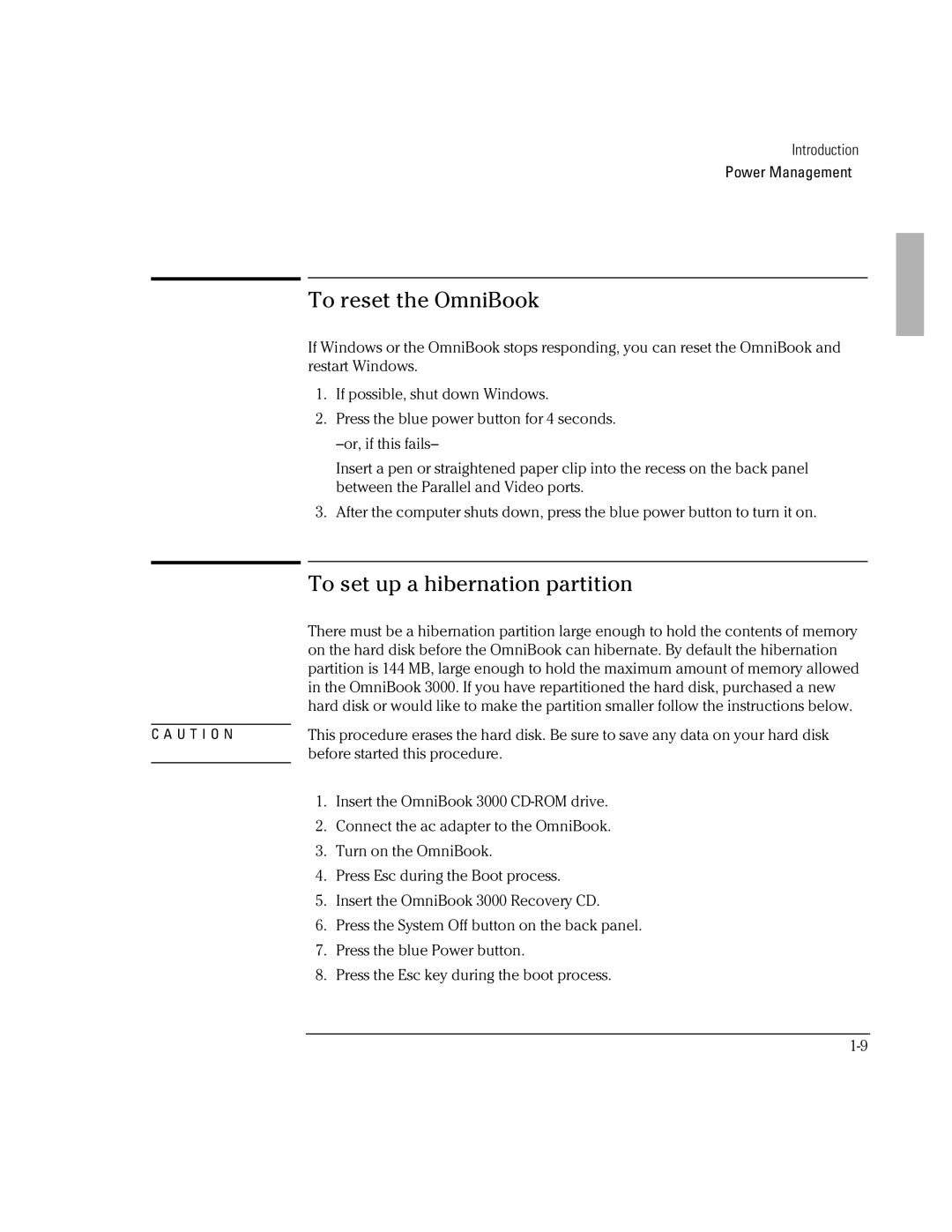HP BOOK 3000 manual To reset the OmniBook, To set up a hibernation partition 
