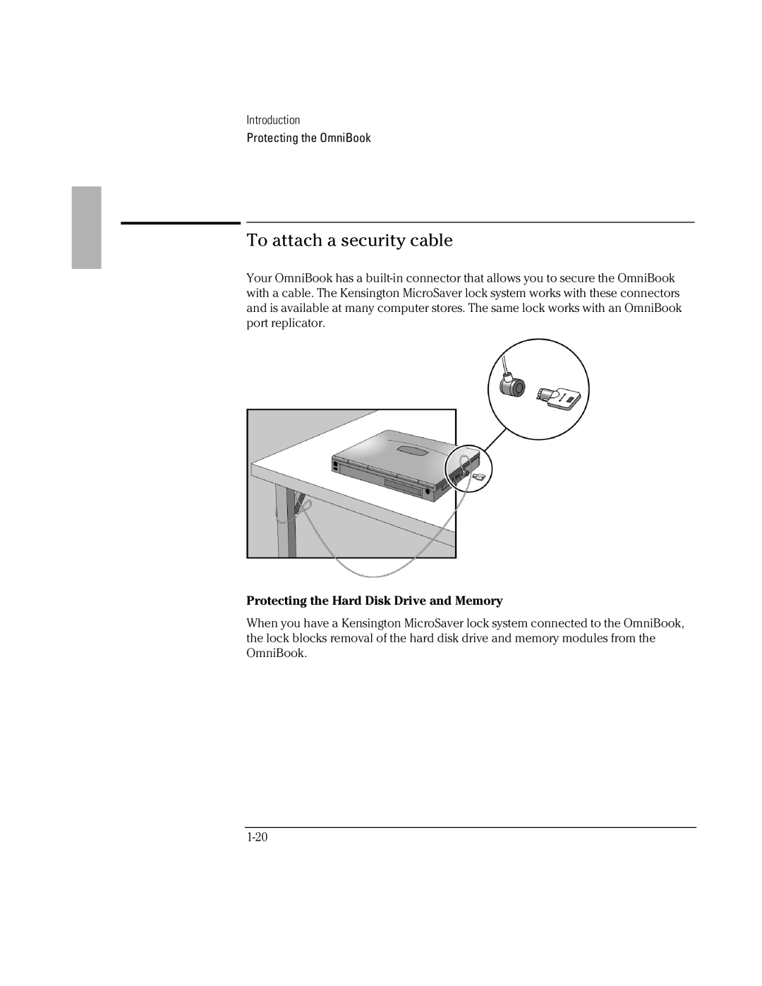 HP BOOK 3000 manual To attach a security cable, Protecting the Hard Disk Drive and Memory 