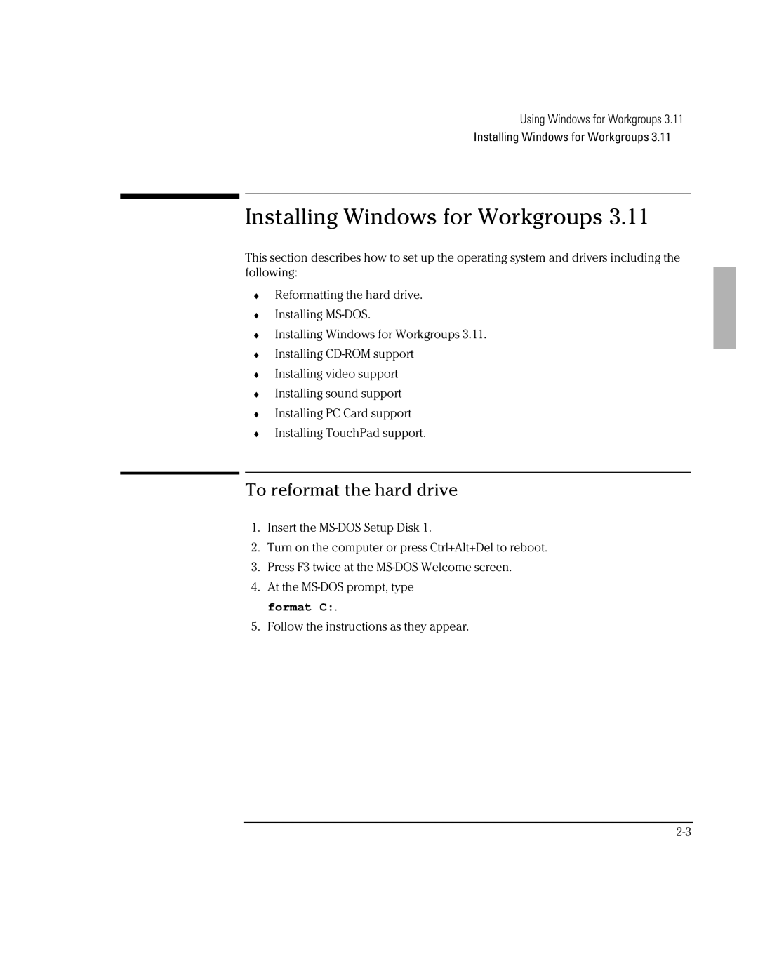 HP BOOK 3000 manual Installing Windows for Workgroups, To reformat the hard drive 