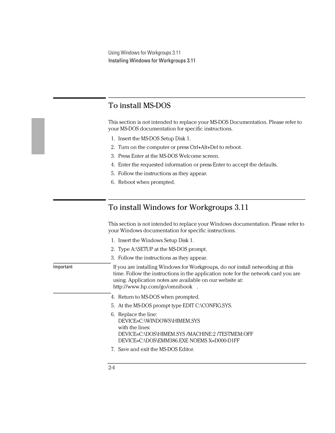 HP BOOK 3000 manual To install MS-DOS, To install Windows for Workgroups 