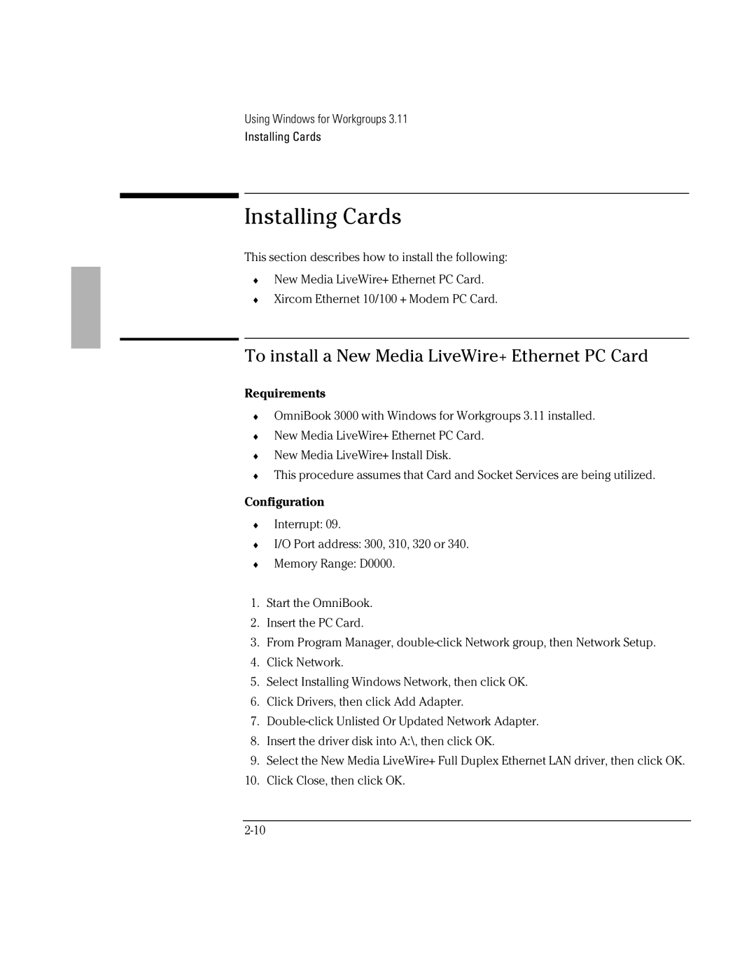 HP BOOK 3000 manual Installing Cards, To install a New Media LiveWire+ Ethernet PC Card, Configuration 