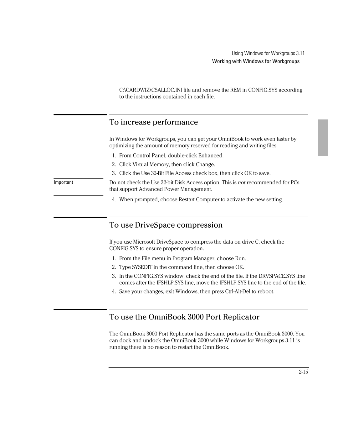 HP BOOK 3000 manual To increase performance, To use DriveSpace compression, To use the OmniBook 3000 Port Replicator 