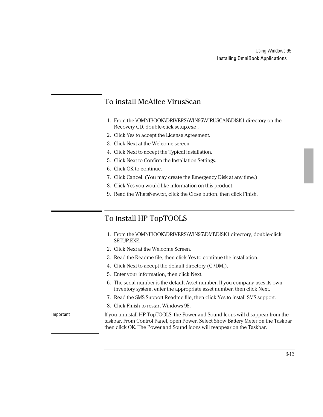 HP BOOK 3000 manual To install McAffee VirusScan, To install HP TopTOOLS 