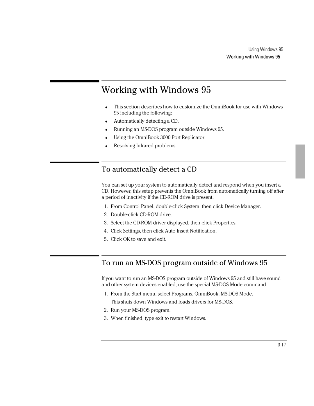 HP BOOK 3000 manual Working with Windows, To automatically detect a CD, To run an MS-DOS program outside of Windows 