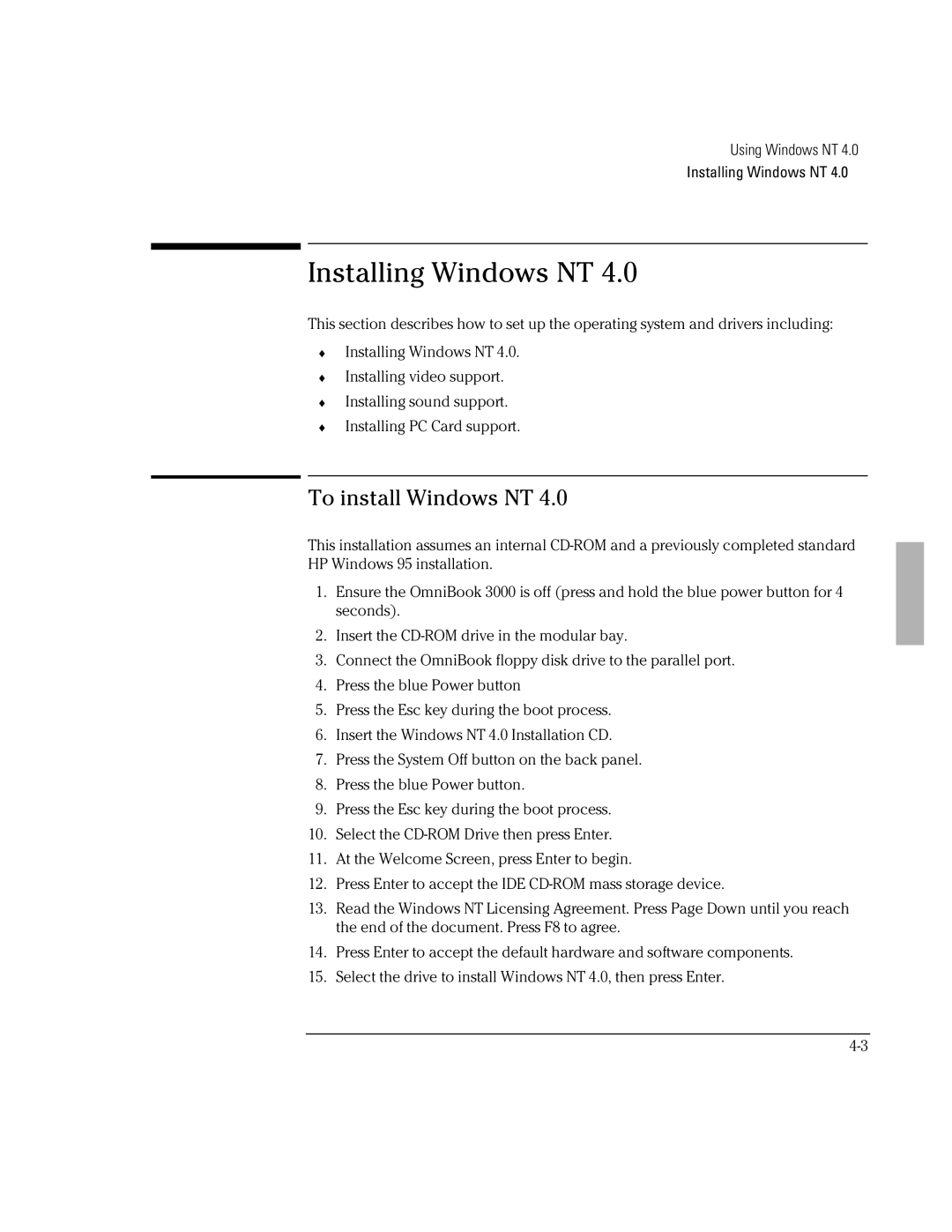 HP BOOK 3000 manual Installing Windows NT, To install Windows NT 