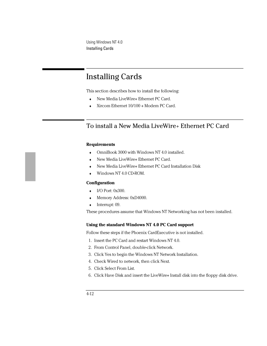 HP BOOK 3000 manual Installing Cards, Using the standard Windows NT 4.0 PC Card support 