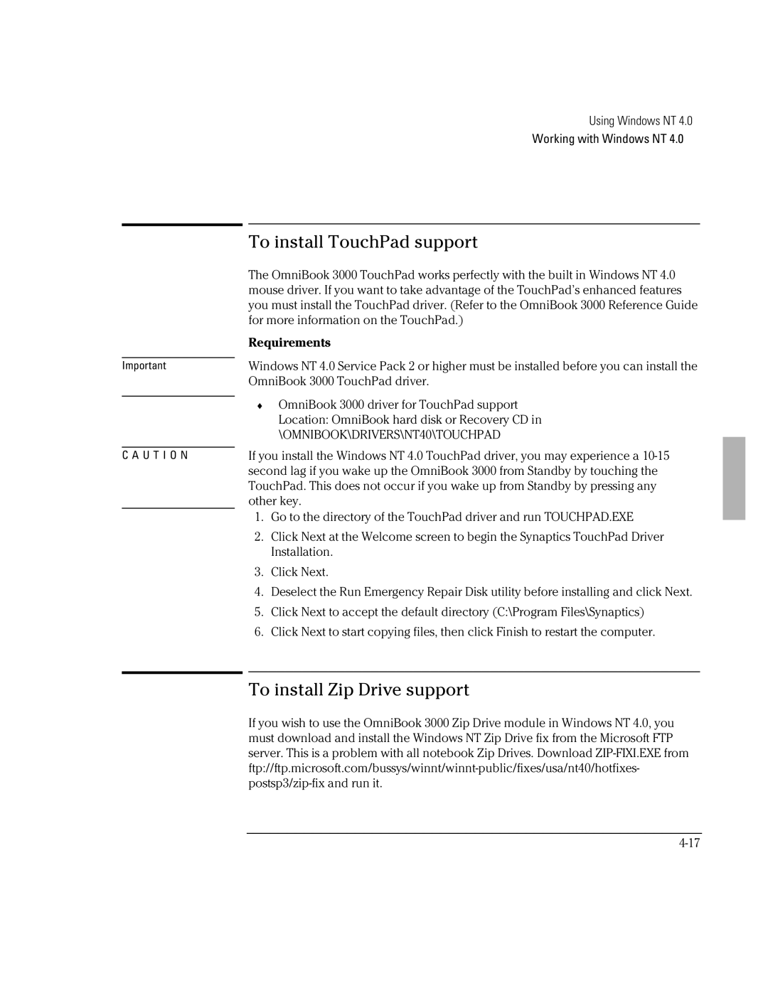 HP BOOK 3000 manual To install TouchPad support, To install Zip Drive support 