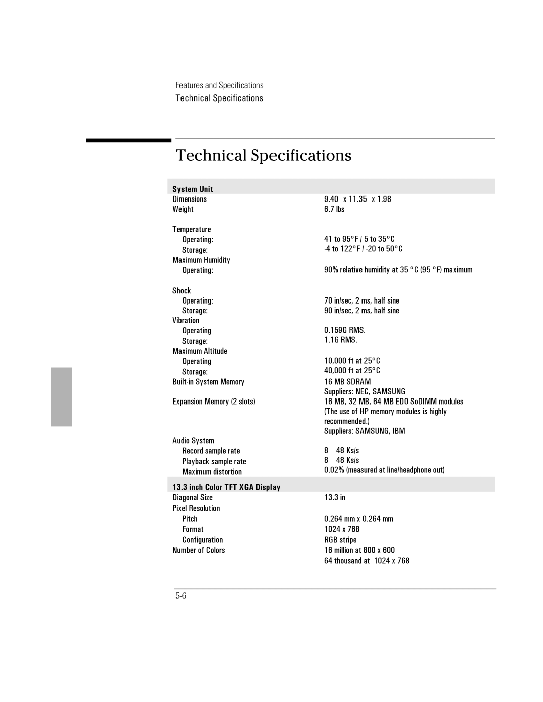 HP BOOK 3000 manual Technical Specifications, System Unit 