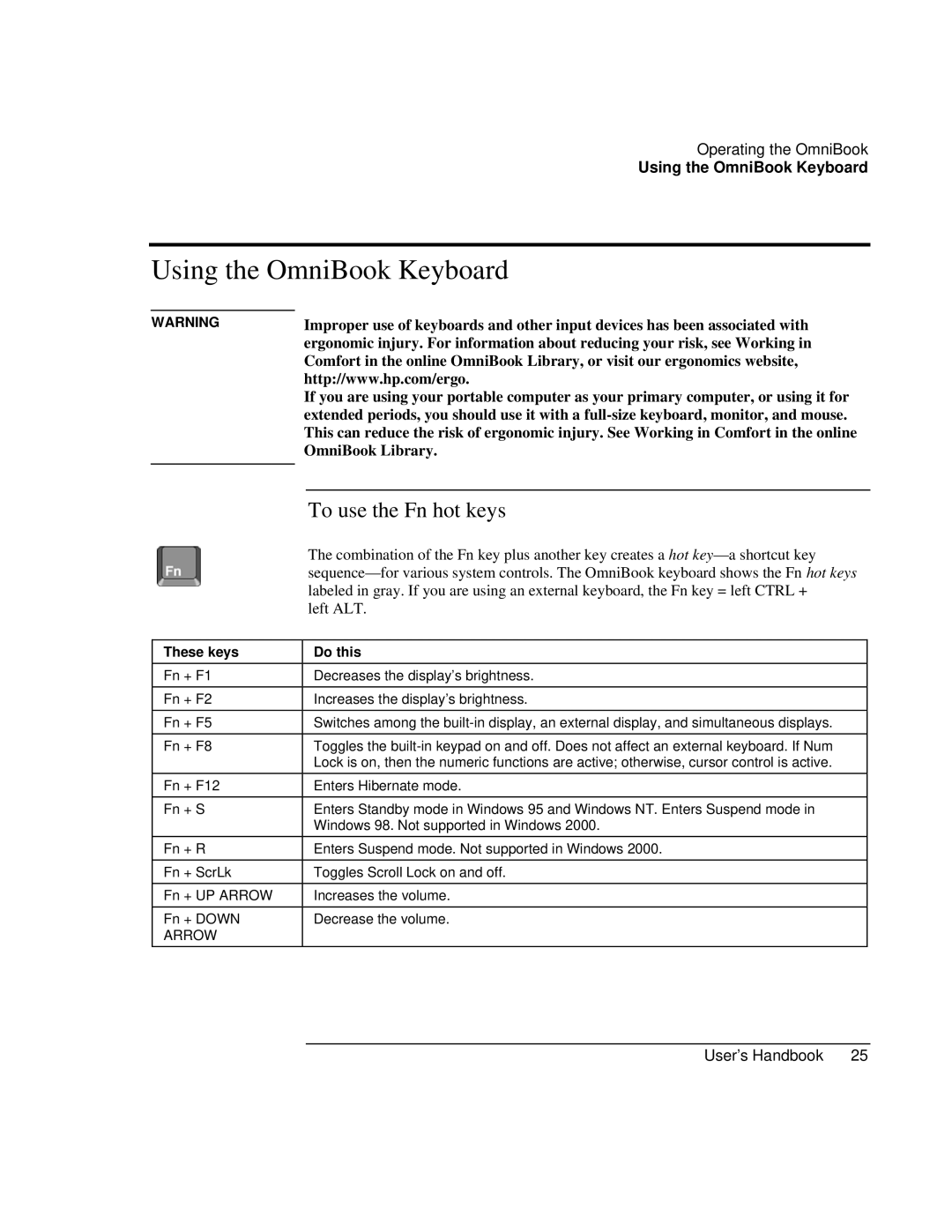 HP Book 4150 manual Using the OmniBook Keyboard, To use the Fn hot keys, OmniBook Library 