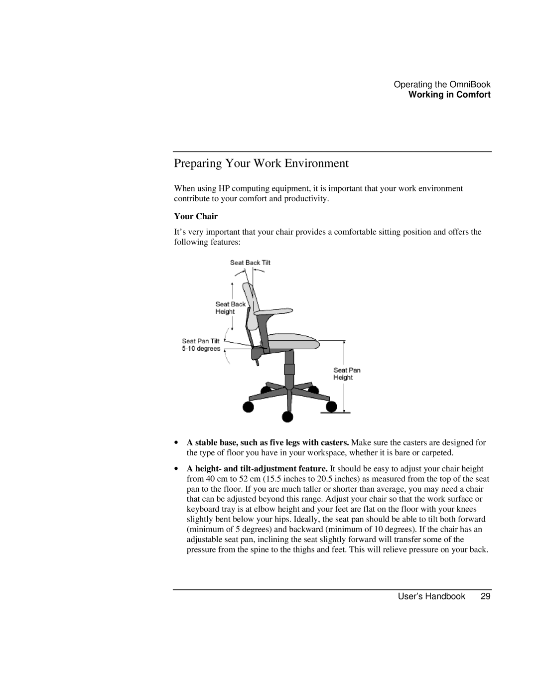 HP Book 4150 manual Preparing Your Work Environment, Your Chair 