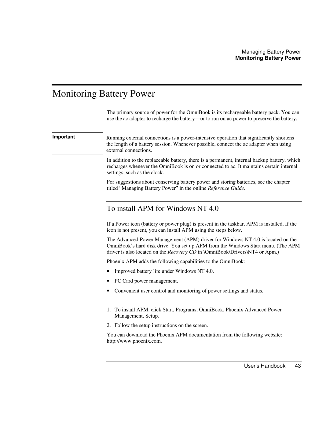 HP Book 4150 manual Monitoring Battery Power, To install APM for Windows NT 