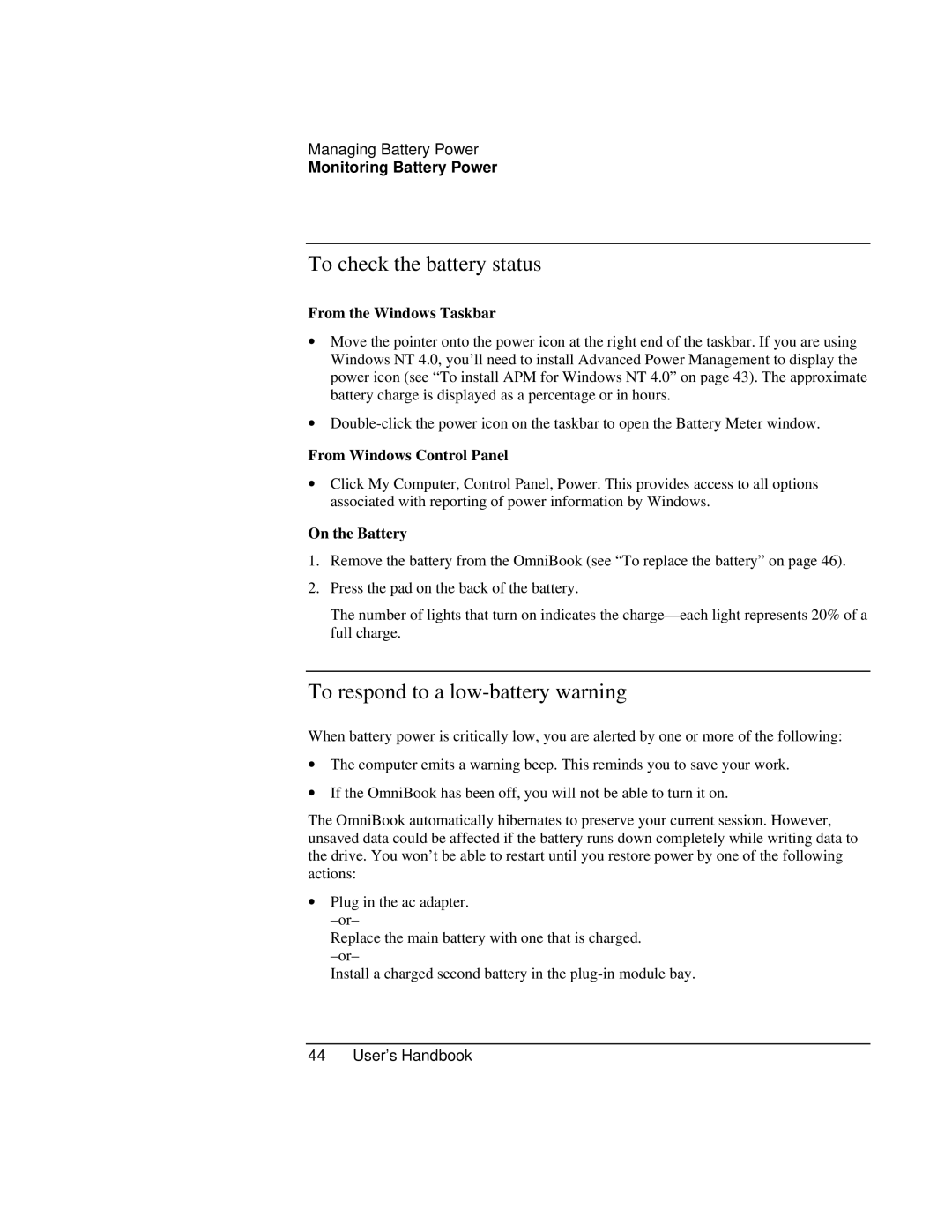 HP Book 4150 To check the battery status, To respond to a low-battery warning, From the Windows Taskbar, On the Battery 