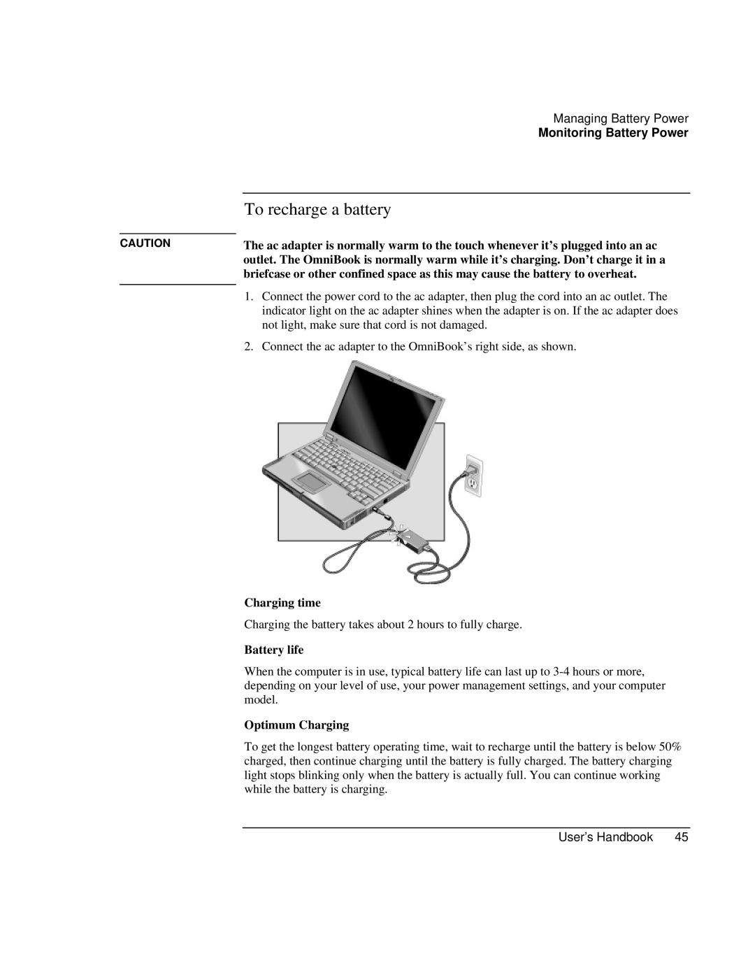 HP Book 4150 manual To recharge a battery, Charging time, Battery life, Optimum Charging 